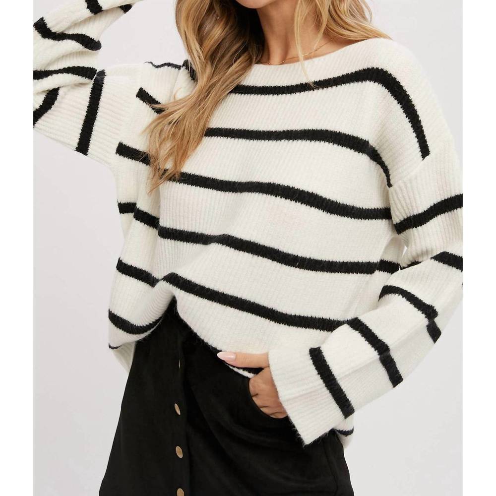 NEW BLUIVY stripe ribbed black oversized pullover in ivory/black